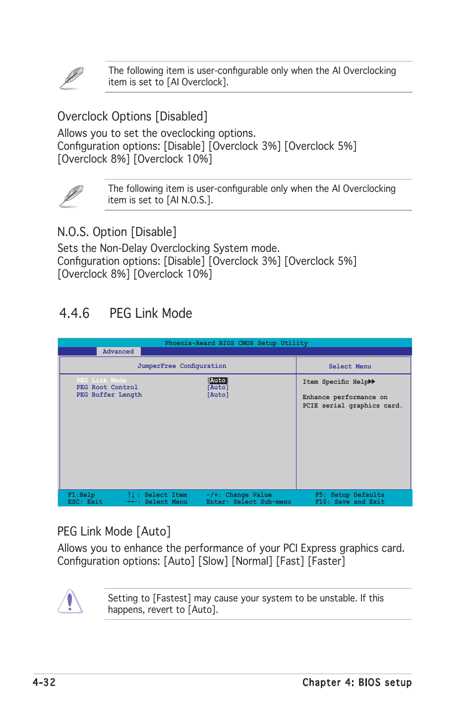 6 peg link mode, Peg link mode [auto, N.o.s. option [disable | Overclock options [disabled | Asus Motherboard A8N-SLI SE User Manual | Page 90 / 152