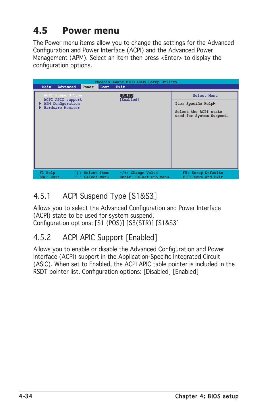 5 power menu, 1 acpi suspend type [s1&s3, 2 acpi apic support [enabled | Asus Motherboard A8N-SLI SE User Manual | Page 92 / 152