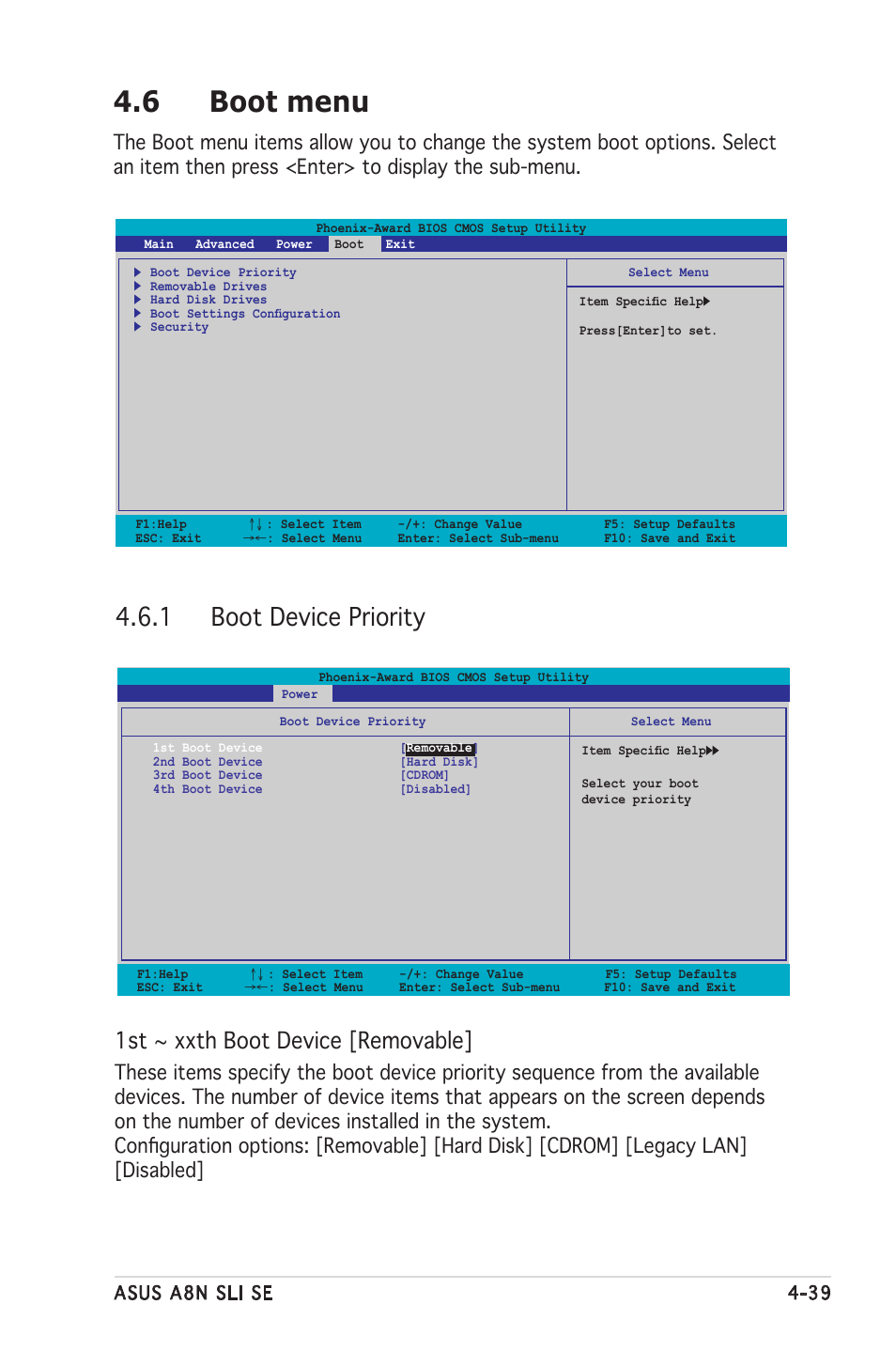 6 boot menu, 1 boot device priority, 1st ~ xxth boot device [removable | Asus Motherboard A8N-SLI SE User Manual | Page 97 / 152