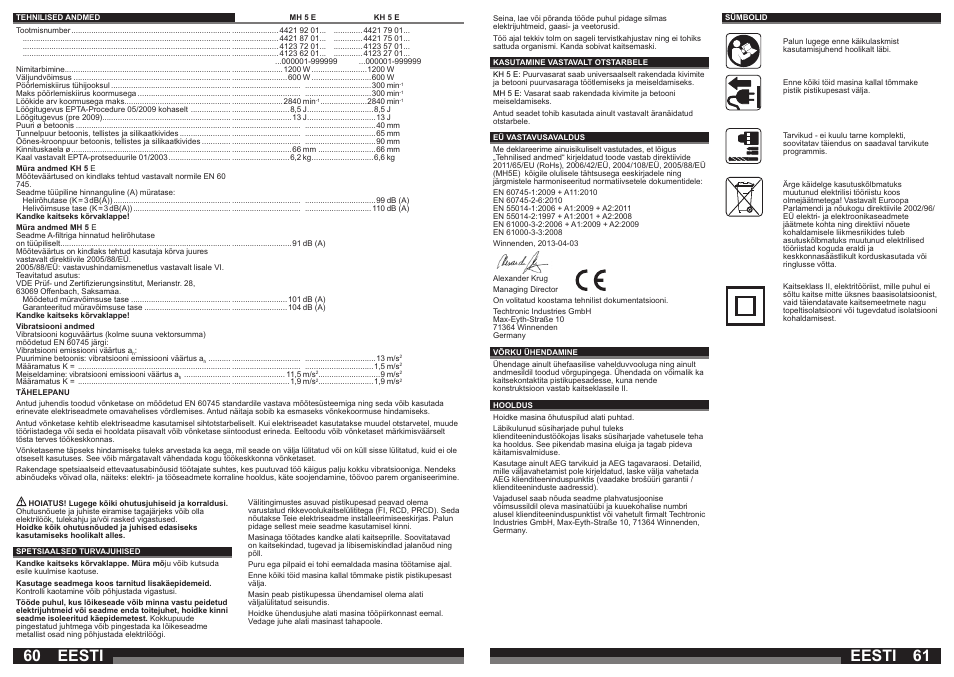 Eesti | AEG MH 5 E User Manual | Page 31 / 39