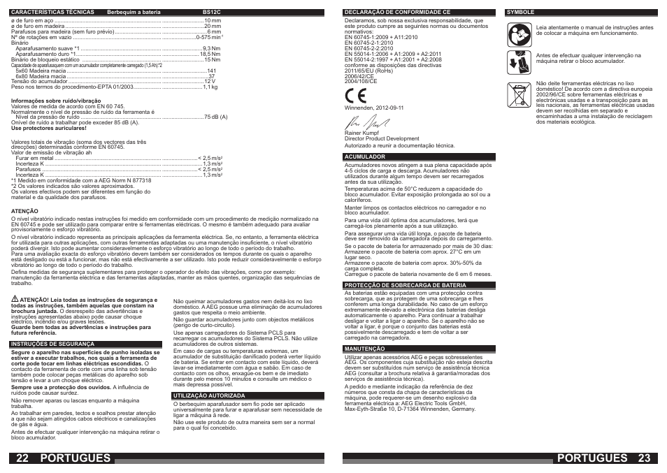 Portugues | AEG BS 12C2 LI User Manual | Page 12 / 34