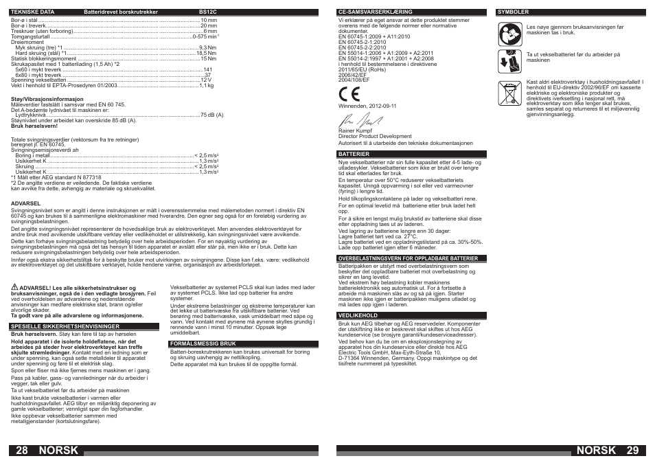 Norsk | AEG BS 12C2 LI User Manual | Page 15 / 34