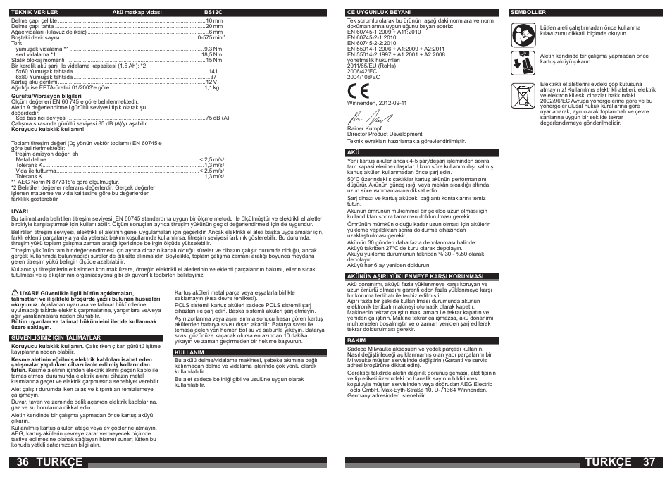 Türkçe | AEG BS 12C2 LI User Manual | Page 19 / 34