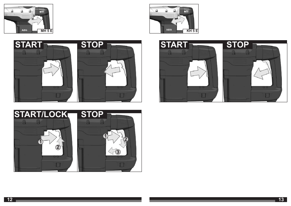 Start, Start/lock stop stop start stop | AEG KH 5 E User Manual | Page 7 / 37