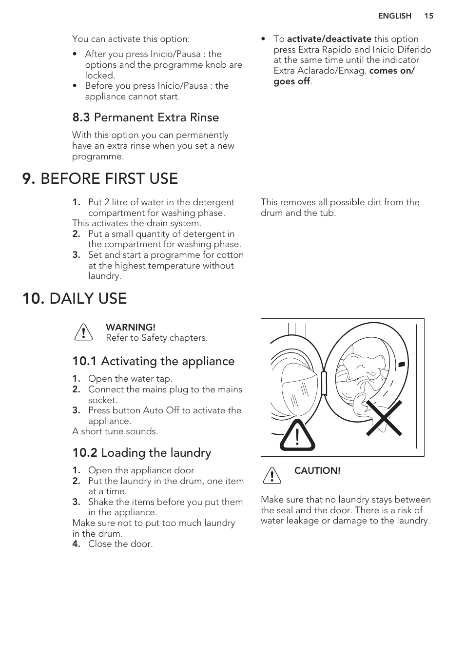 3 permanent extra rinse, Before first use, Daily use | 1 activating the appliance, 2 loading the laundry, Before first use 10. daily use | AEG L85275XFL User Manual | Page 15 / 56