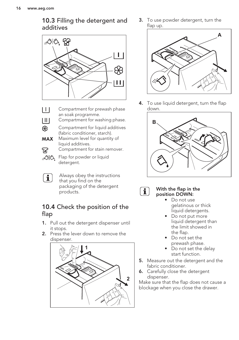 3 filling the detergent and additives, 4 check the position of the flap | AEG L85275XFL User Manual | Page 16 / 56