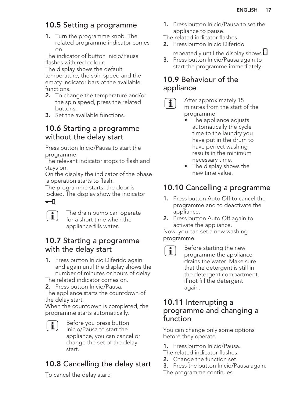5 setting a programme, 6 starting a programme without the delay start, 7 starting a programme with the delay start | 8 cancelling the delay start, 9 behaviour of the appliance, 10 cancelling a programme | AEG L85275XFL User Manual | Page 17 / 56