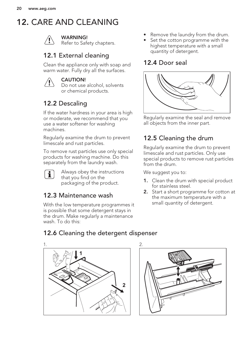 1 external cleaning, 2 descaling, 3 maintenance wash | 4 door seal, 5 cleaning the drum, 6 cleaning the detergent dispenser, Care and cleaning | AEG L85275XFL User Manual | Page 20 / 56