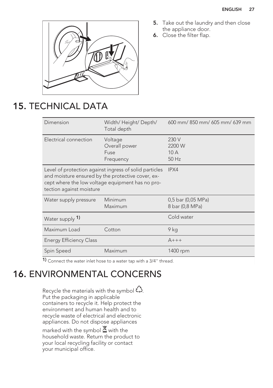 Technical data, Environmental concerns | AEG L85275XFL User Manual | Page 27 / 56