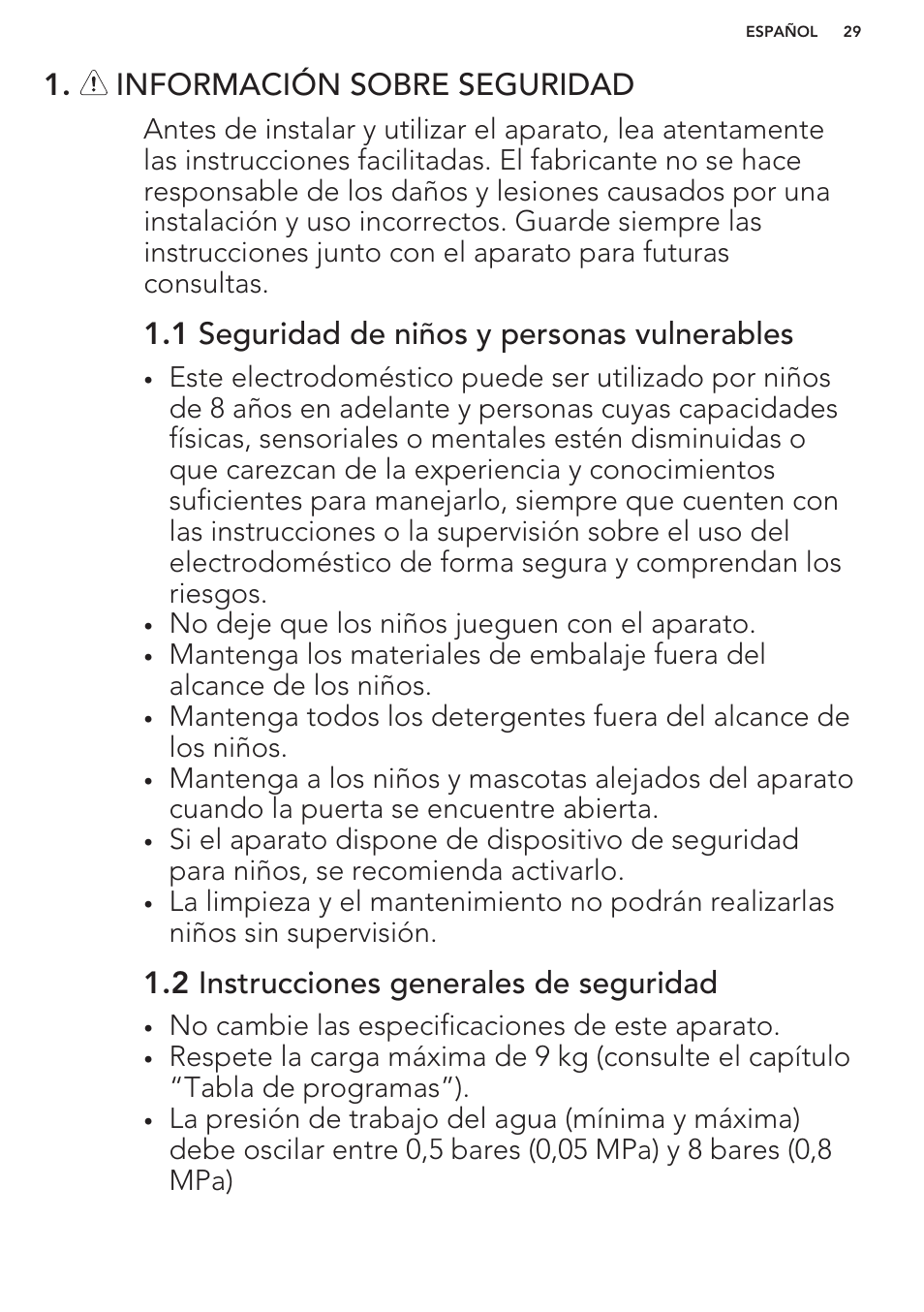 Información sobre seguridad, 1 seguridad de niños y personas vulnerables, 2 instrucciones generales de seguridad | AEG L85275XFL User Manual | Page 29 / 56