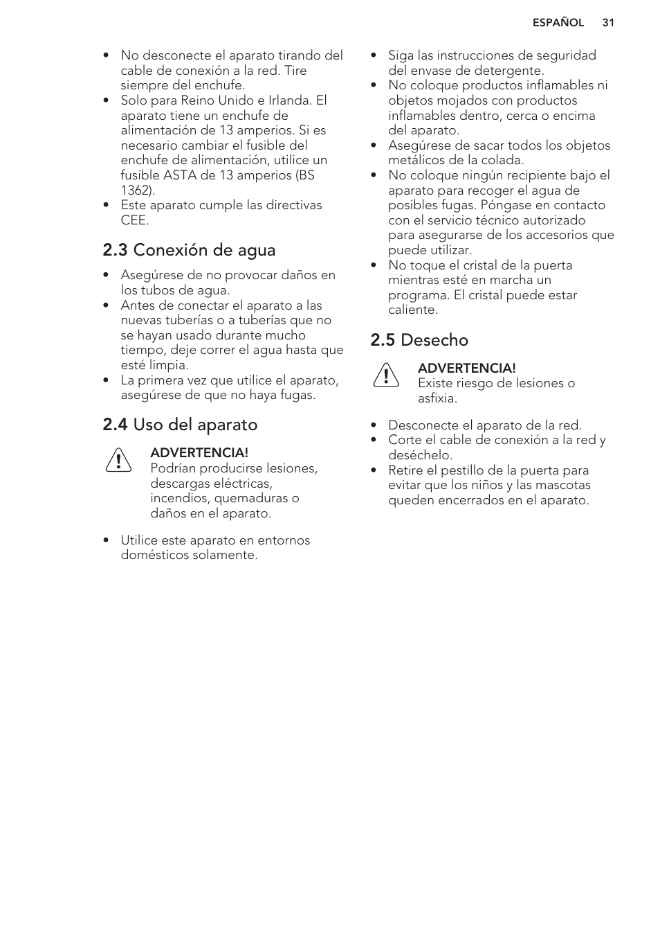 3 conexión de agua, 4 uso del aparato, 5 desecho | Descripción del producto | AEG L85275XFL User Manual | Page 31 / 56