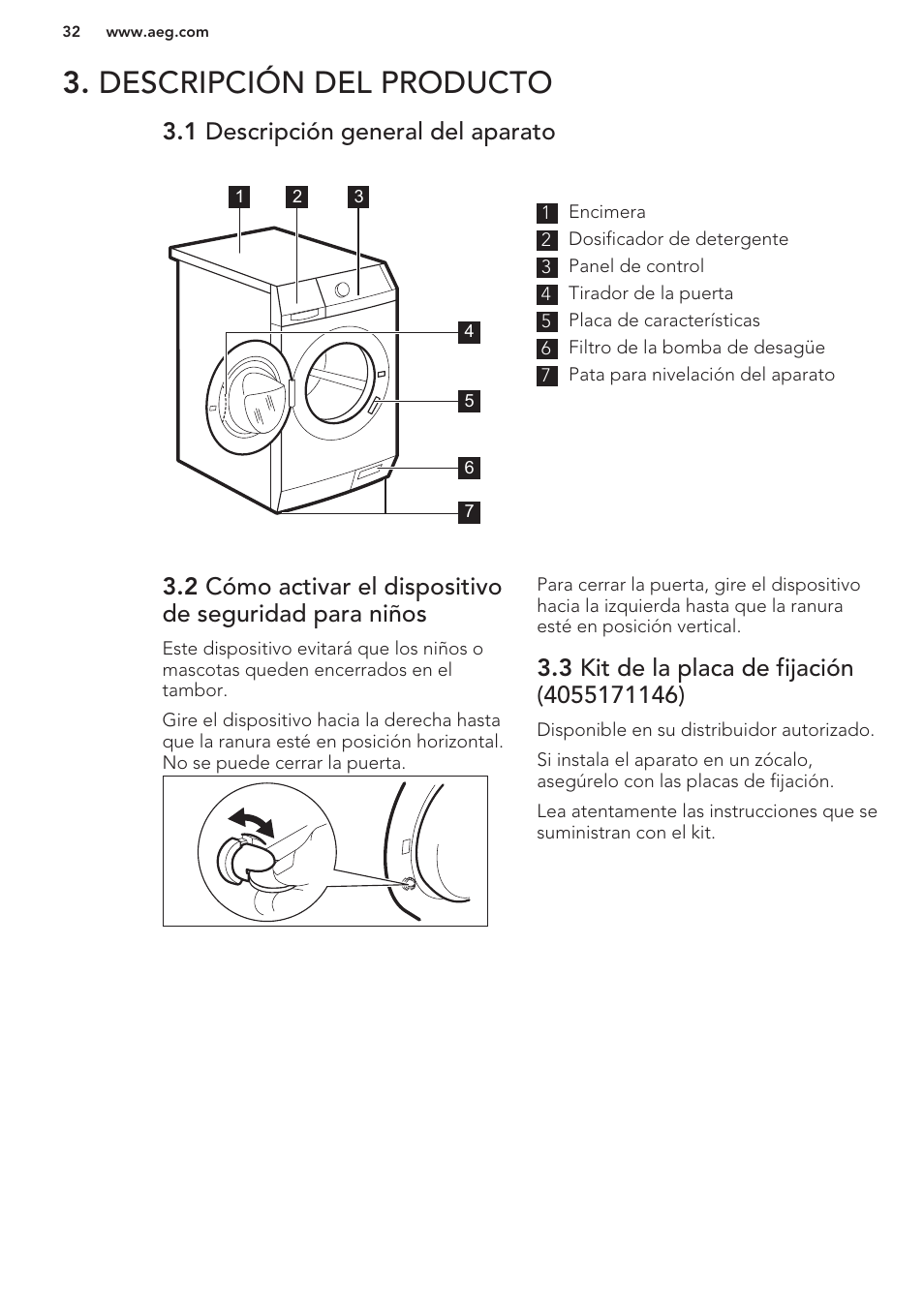 1 descripción general del aparato, 3 kit de la placa de fijación (4055171146), Descripción del producto | AEG L85275XFL User Manual | Page 32 / 56