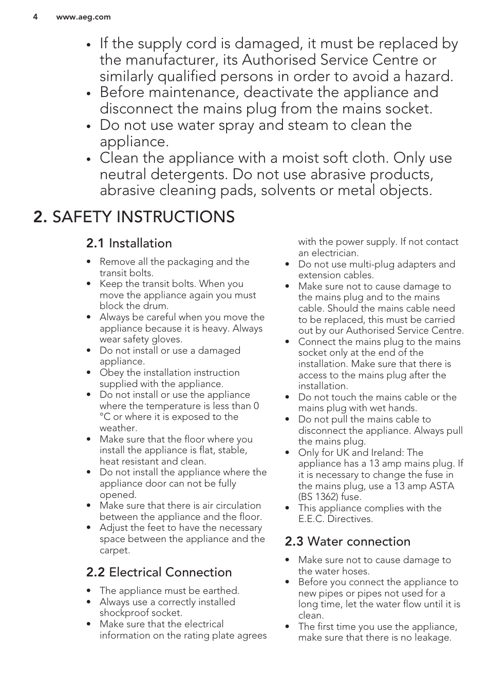 Safety instructions, 1 installation, 2 electrical connection | 3 water connection | AEG L85275XFL User Manual | Page 4 / 56