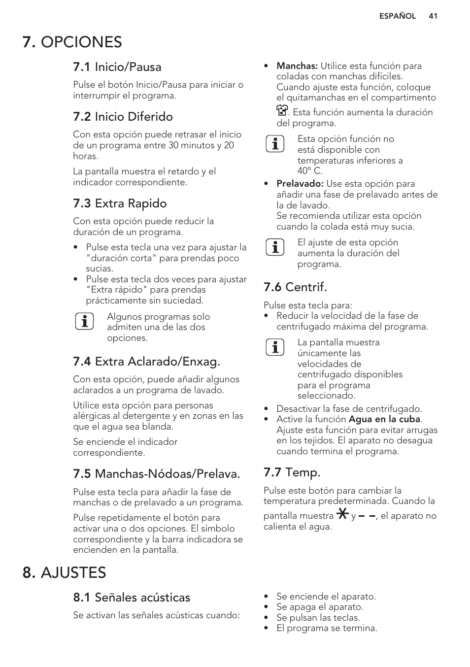 1 inicio/pausa, 2 inicio diferido, 3 extra rapido | 4 extra aclarado/enxag, 5 manchas-nódoas/prelava, 6 centrif, 7 temp, Ajustes, 1 señales acústicas, Opciones 8. ajustes | AEG L85275XFL User Manual | Page 41 / 56