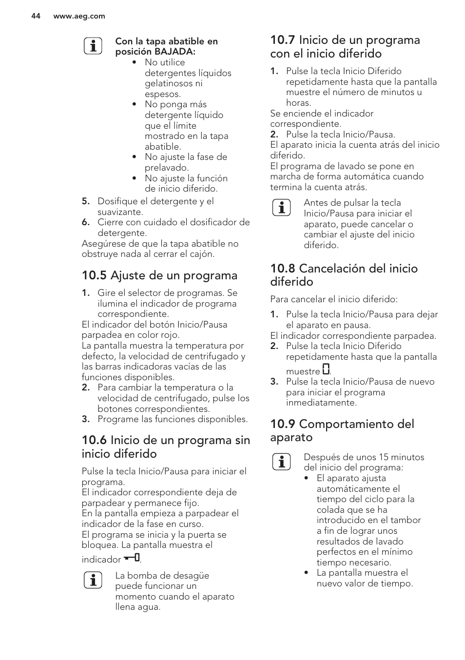 5 ajuste de un programa, 6 inicio de un programa sin inicio diferido, 7 inicio de un programa con el inicio diferido | 8 cancelación del inicio diferido, 9 comportamiento del aparato | AEG L85275XFL User Manual | Page 44 / 56