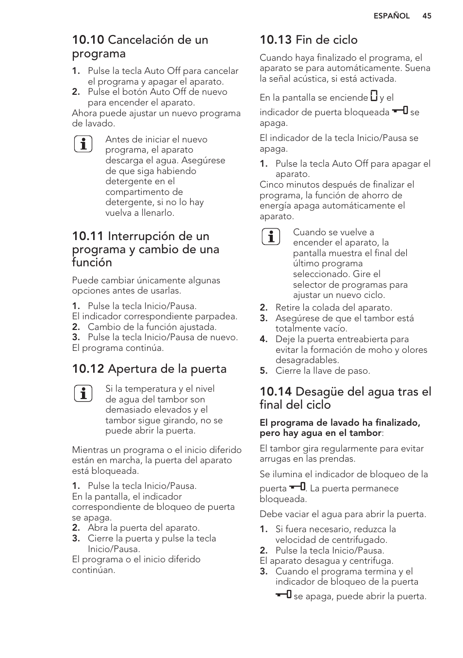 10 cancelación de un programa, 12 apertura de la puerta, 13 fin de ciclo | 14 desagüe del agua tras el final del ciclo | AEG L85275XFL User Manual | Page 45 / 56