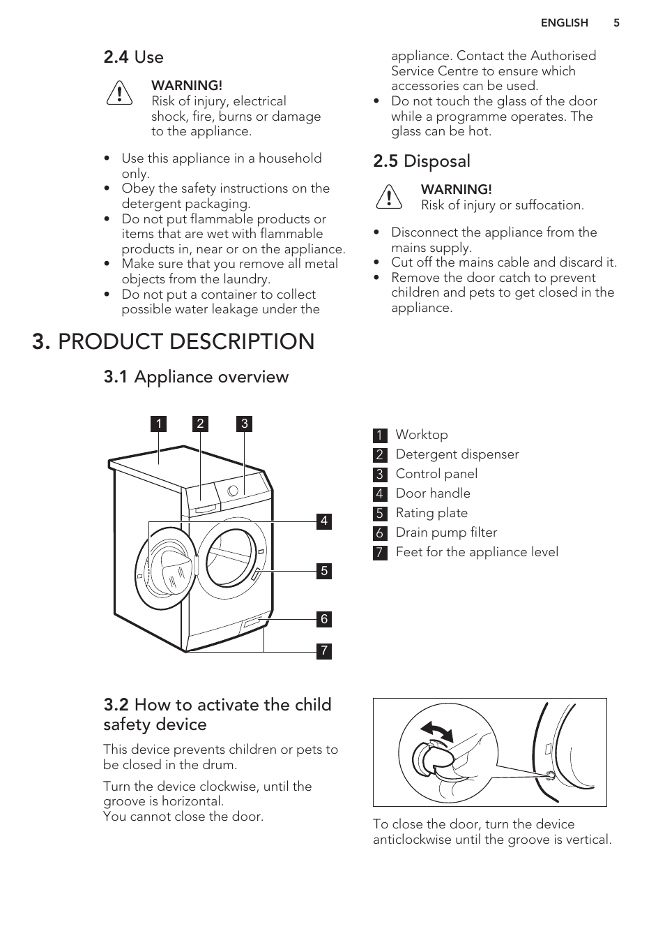 4 use, 5 disposal, Product description | 1 appliance overview, 2 how to activate the child safety device | AEG L85275XFL User Manual | Page 5 / 56