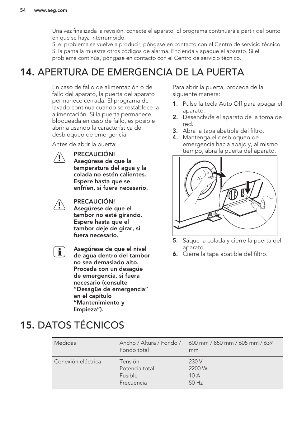 Apertura de emergencia de la puerta, Datos técnicos | AEG L85275XFL User Manual | Page 54 / 56