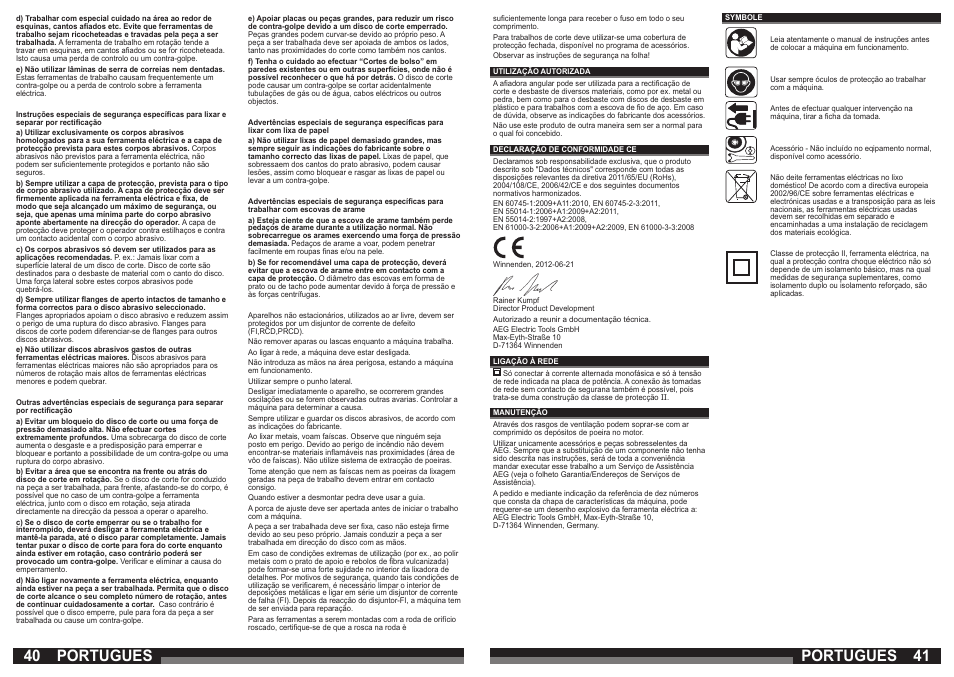 Portugues | AEG WS 21-230 E User Manual | Page 21 / 67