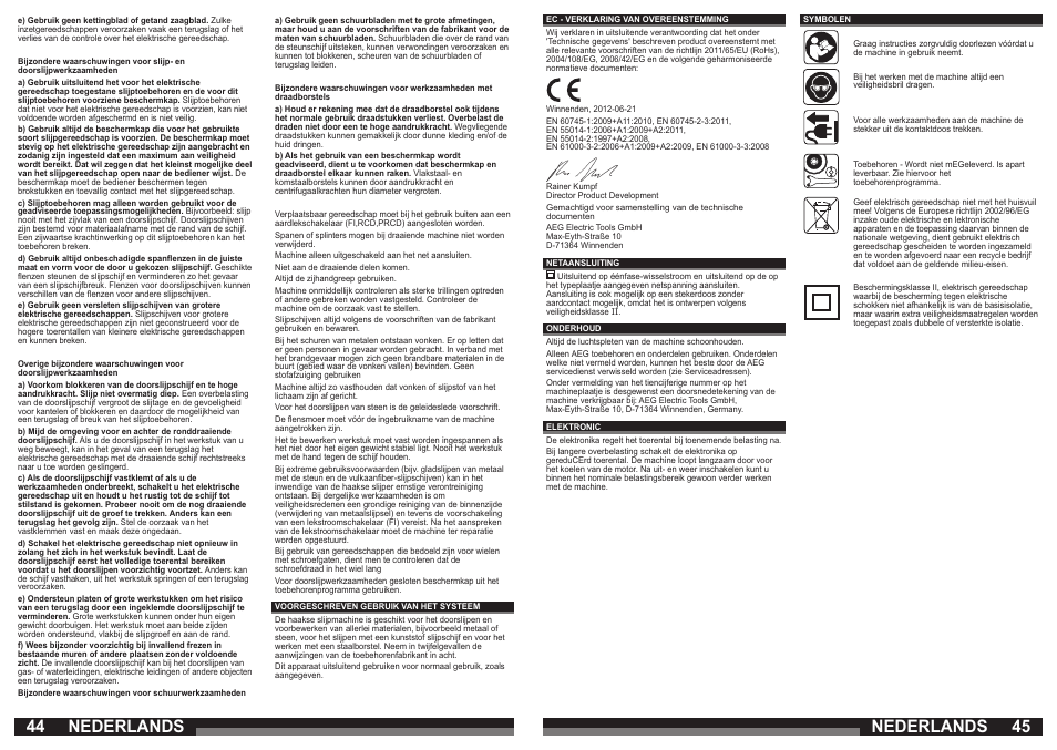 Nederlands | AEG WS 21-230 E User Manual | Page 23 / 67