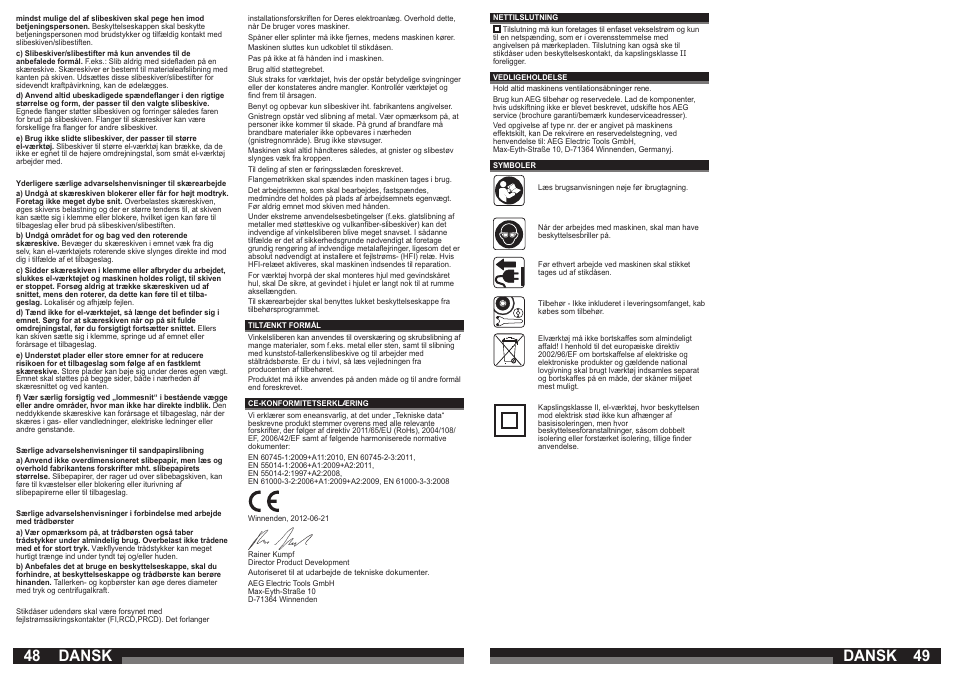 Dansk | AEG WS 21-230 E User Manual | Page 25 / 67