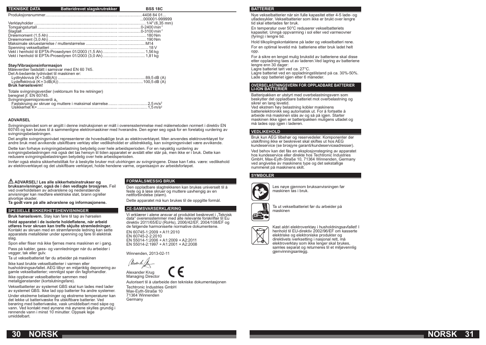 Norsk | AEG BSS 18C LI User Manual | Page 16 / 35