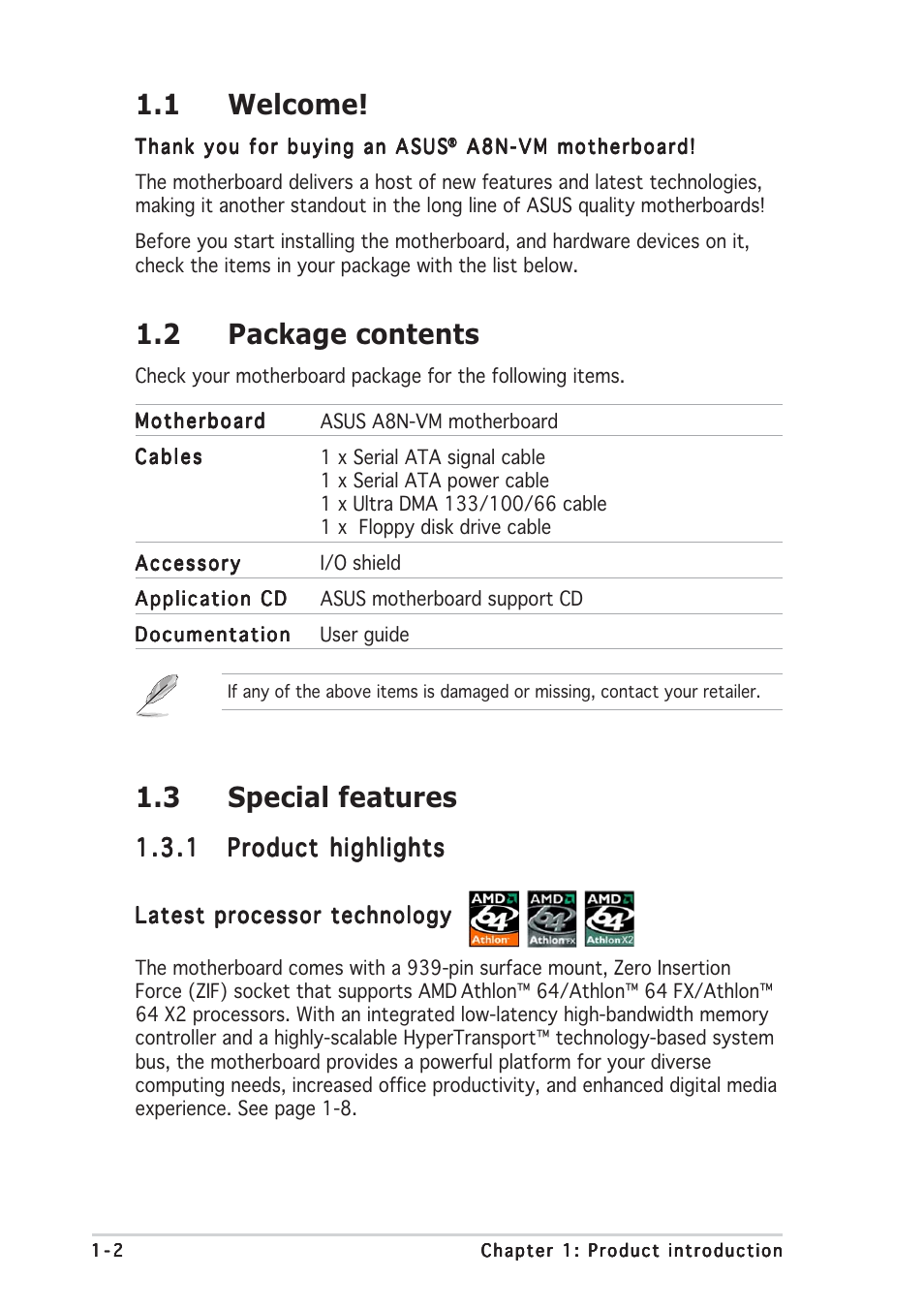 1 welcome, 2 package contents, 3 special features | Asus A8N-VM User Manual | Page 12 / 86