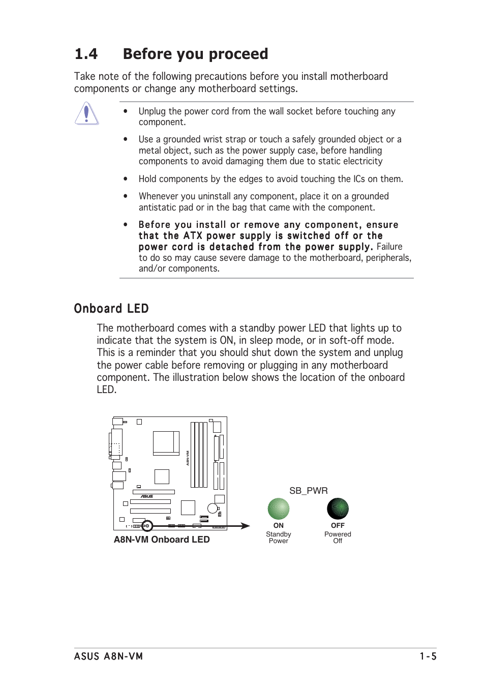 4 before you proceed, Onboard led | Asus A8N-VM User Manual | Page 15 / 86