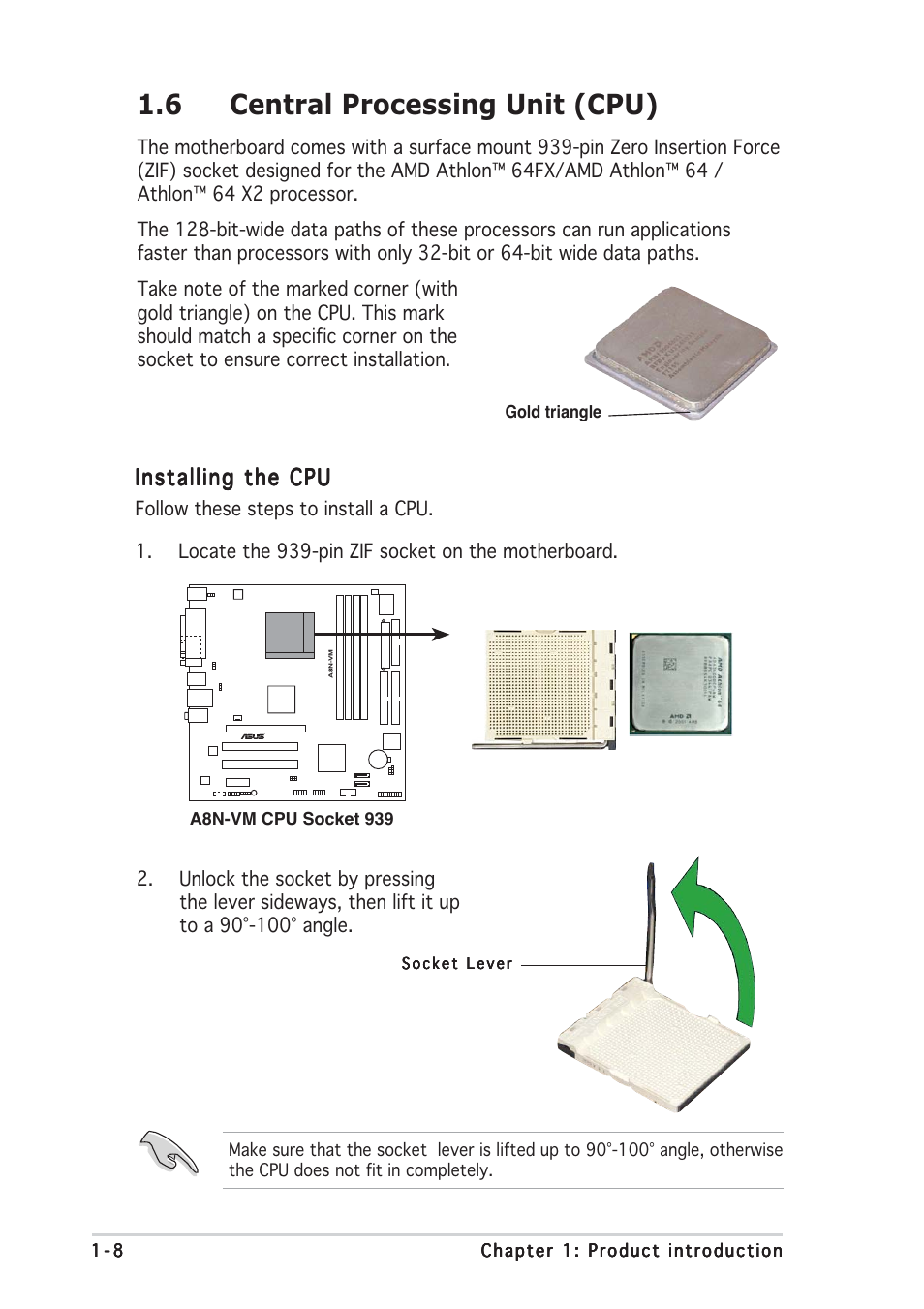 6 central processing unit (cpu), Installing the cpu | Asus A8N-VM User Manual | Page 18 / 86