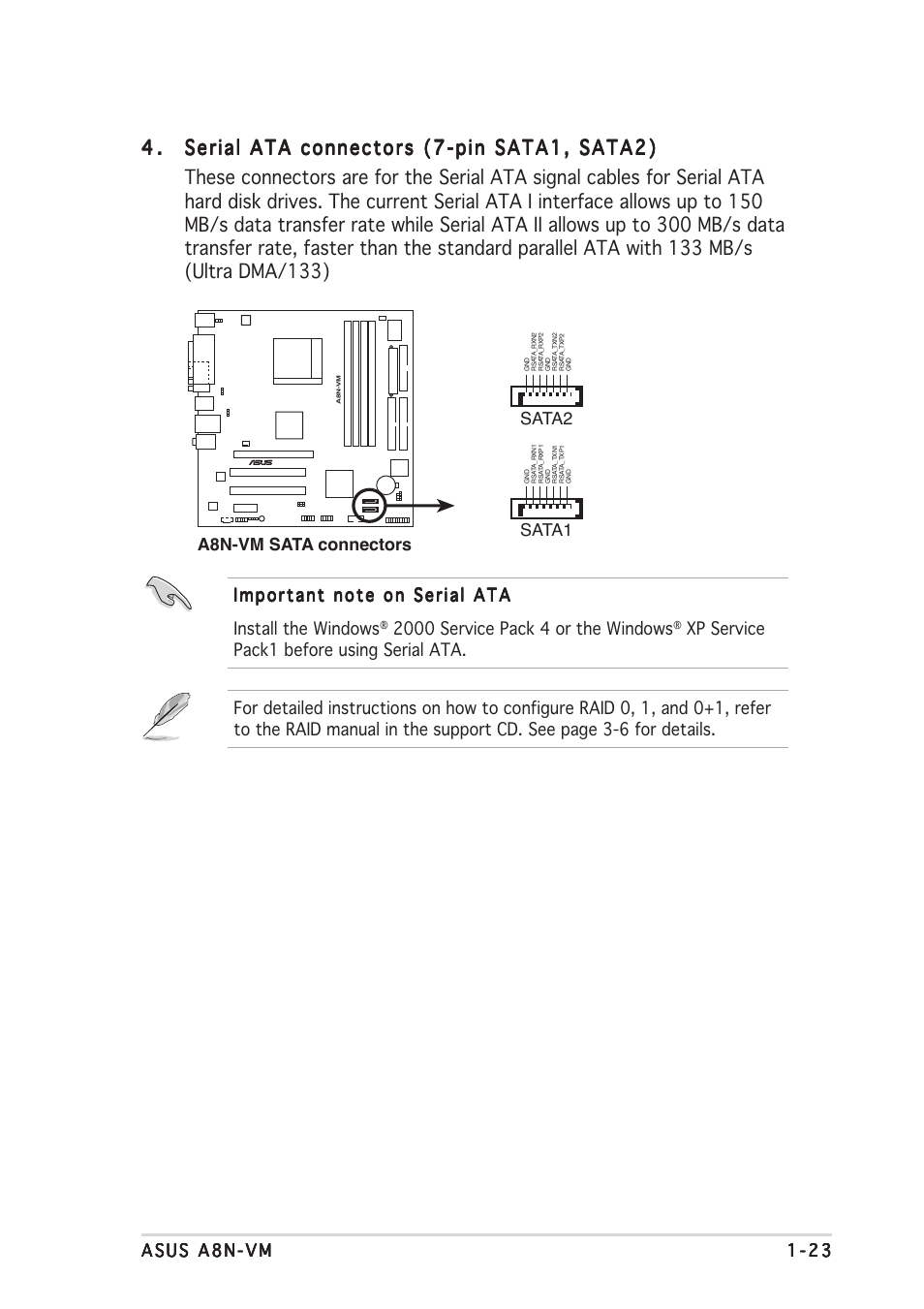 Xp service pack1 before using serial ata, A8n-vm sata connectors sata1 sata2 | Asus A8N-VM User Manual | Page 33 / 86