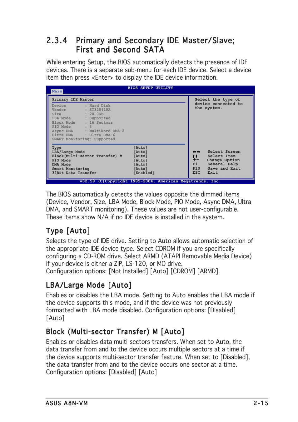 Type [auto, Lba/large mode [auto, Block (multi-sector transfer) m [auto | Asus A8N-VM User Manual | Page 53 / 86