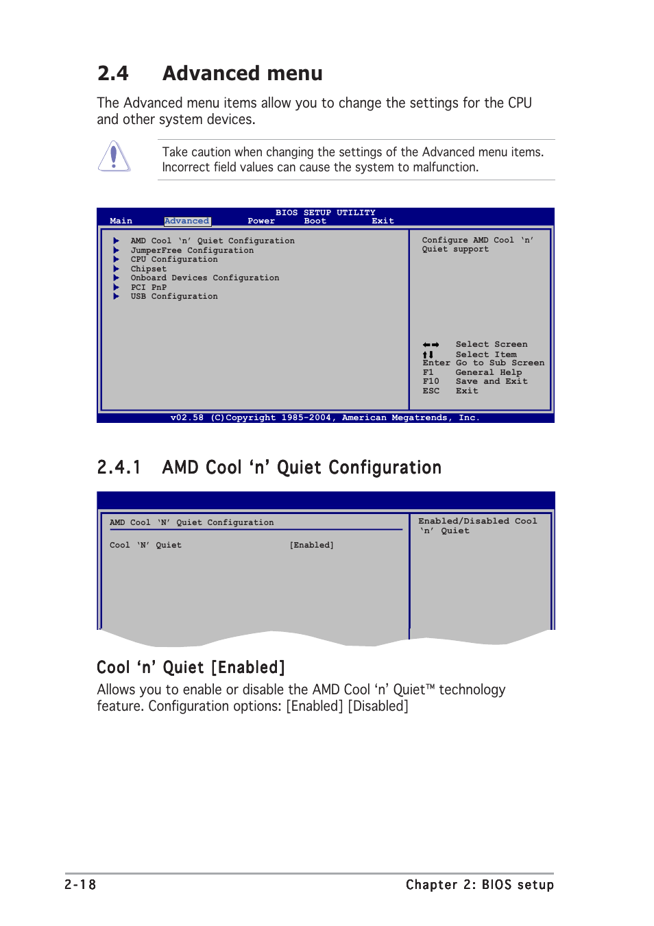 4 advanced menu, Cool ‘n’ quiet [enabled | Asus A8N-VM User Manual | Page 56 / 86