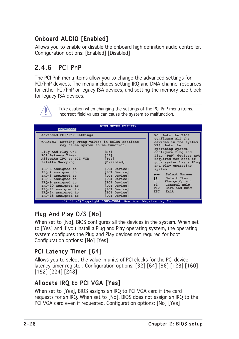 6 pci pnp pci pnp pci pnp pci pnp pci pnp, Plug and play o/s [no, Pci latency timer [64 | Allocate irq to pci vga [yes, Onboard audio [enabled | Asus A8N-VM User Manual | Page 66 / 86