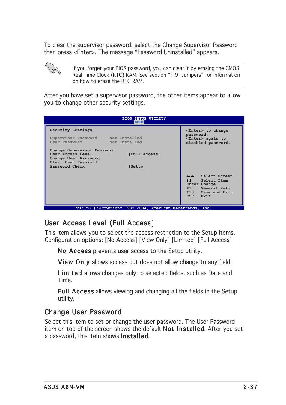 User access level (full access, Change user password | Asus A8N-VM User Manual | Page 75 / 86