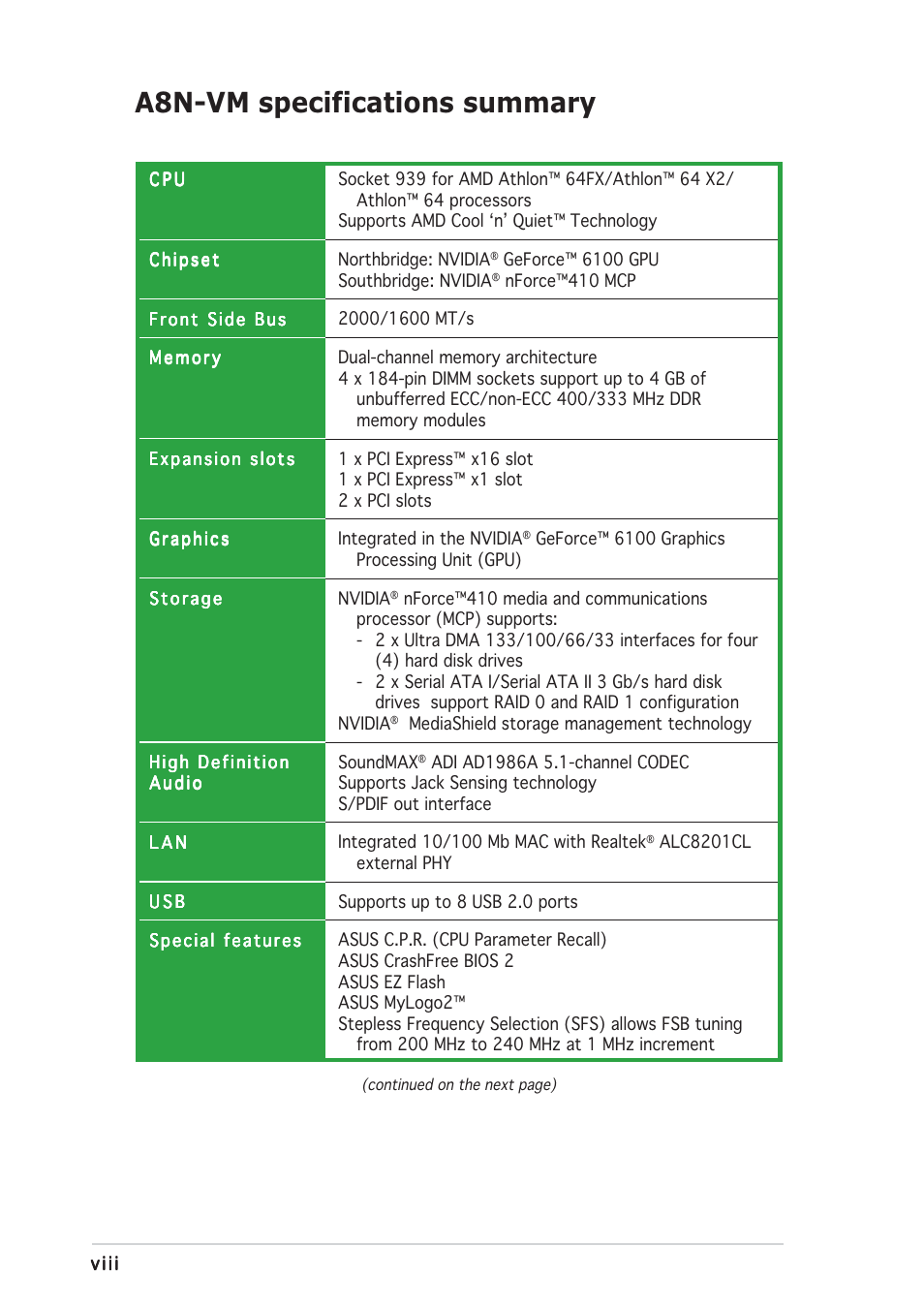 A8n-vm specifications summary | Asus A8N-VM User Manual | Page 8 / 86