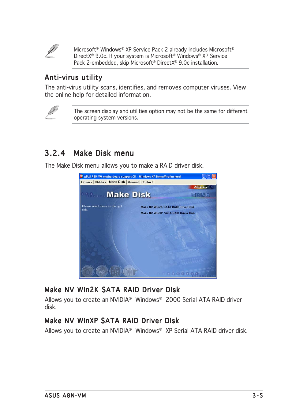 Anti-virus utility, Make nv win2k sata raid driver disk, Make nv winxp sata raid driver disk | Asus A8N-VM User Manual | Page 83 / 86