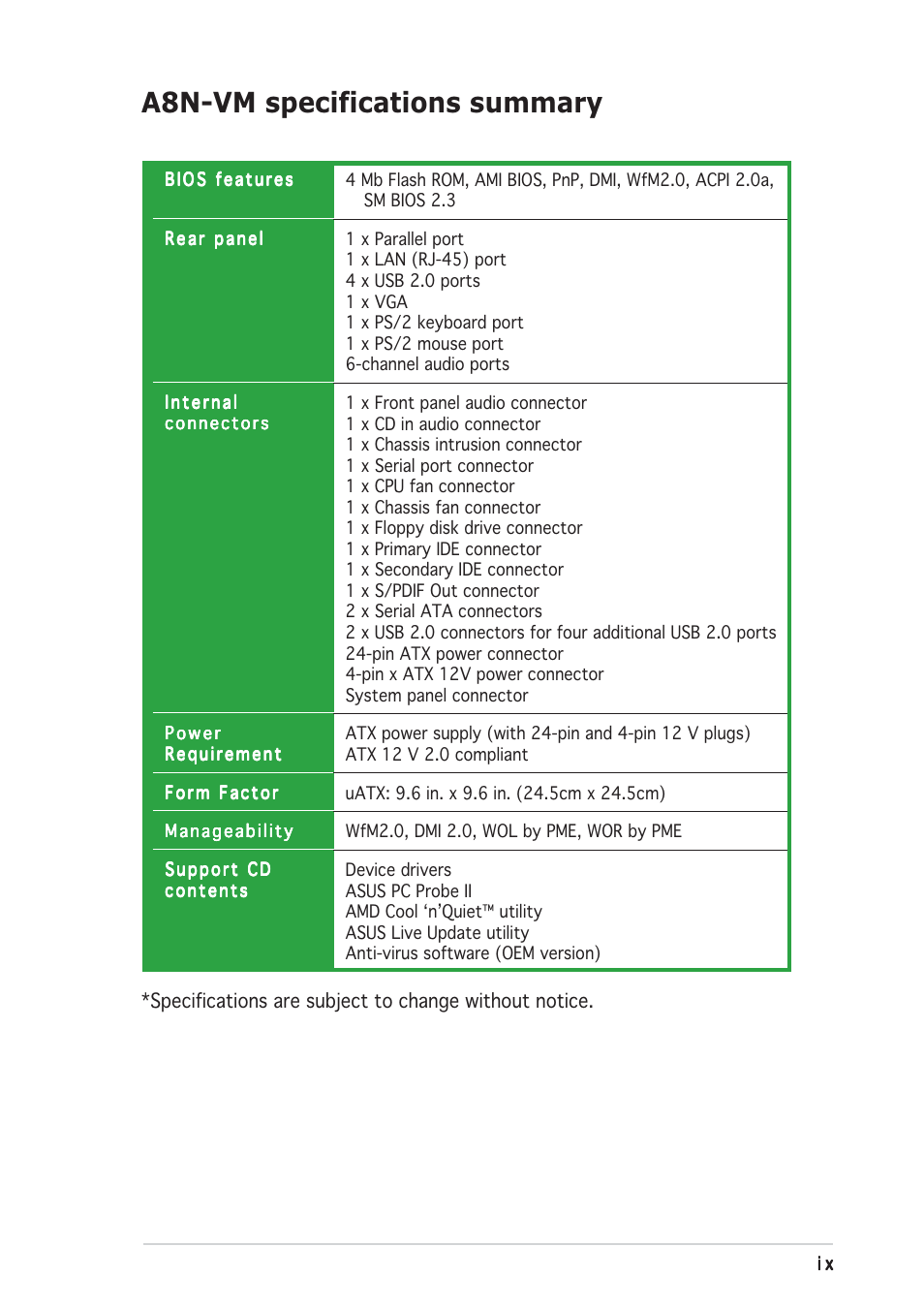 A8n-vm specifications summary | Asus A8N-VM User Manual | Page 9 / 86