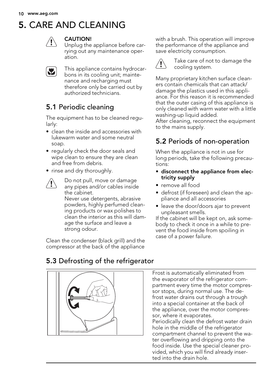 Care and cleaning, 1 periodic cleaning, 2 periods of non-operation | 3 defrosting of the refrigerator | AEG SKD71800F0 User Manual | Page 10 / 64