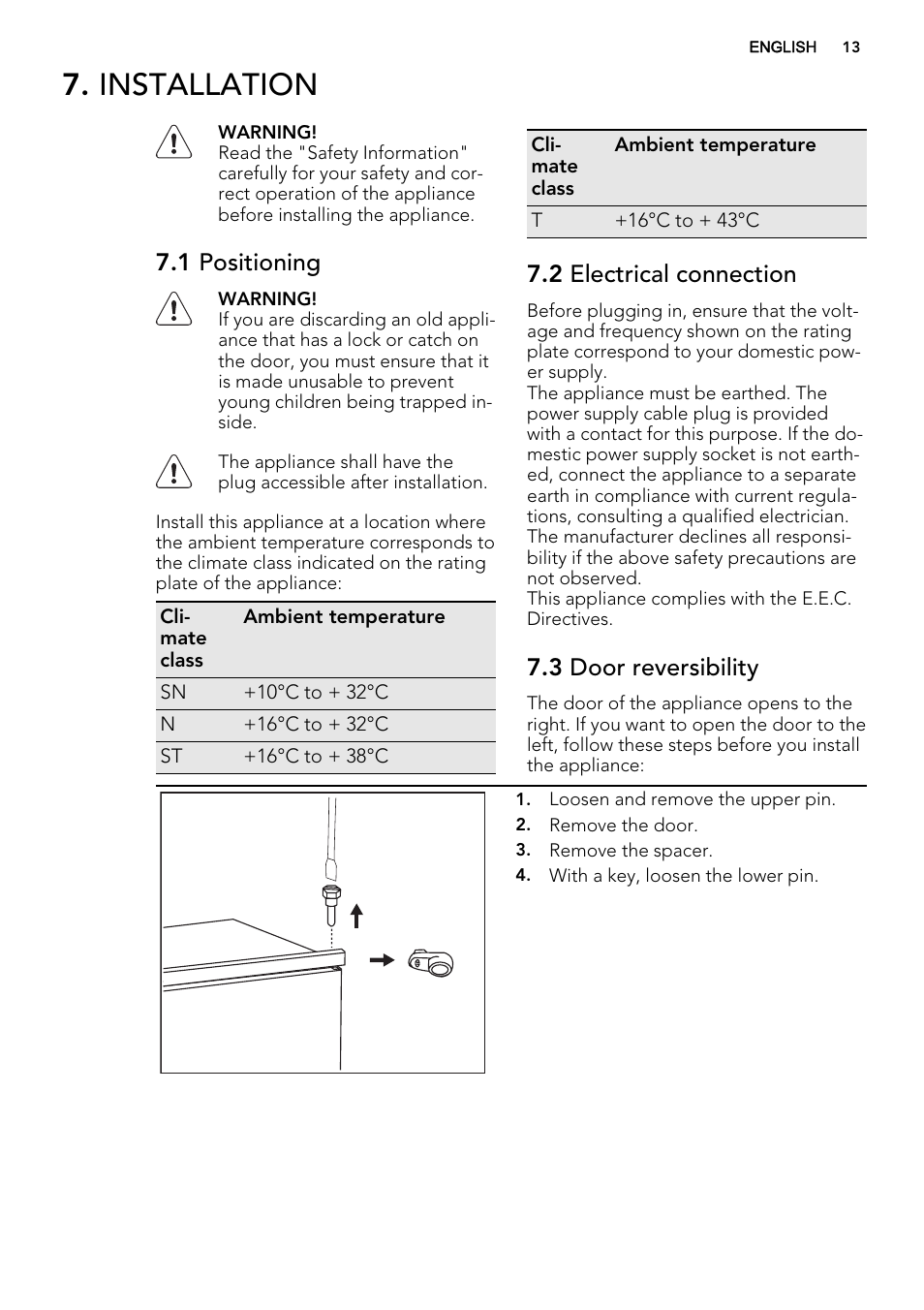 Installation, 1 positioning, 2 electrical connection | 3 door reversibility | AEG SKD71800F0 User Manual | Page 13 / 64