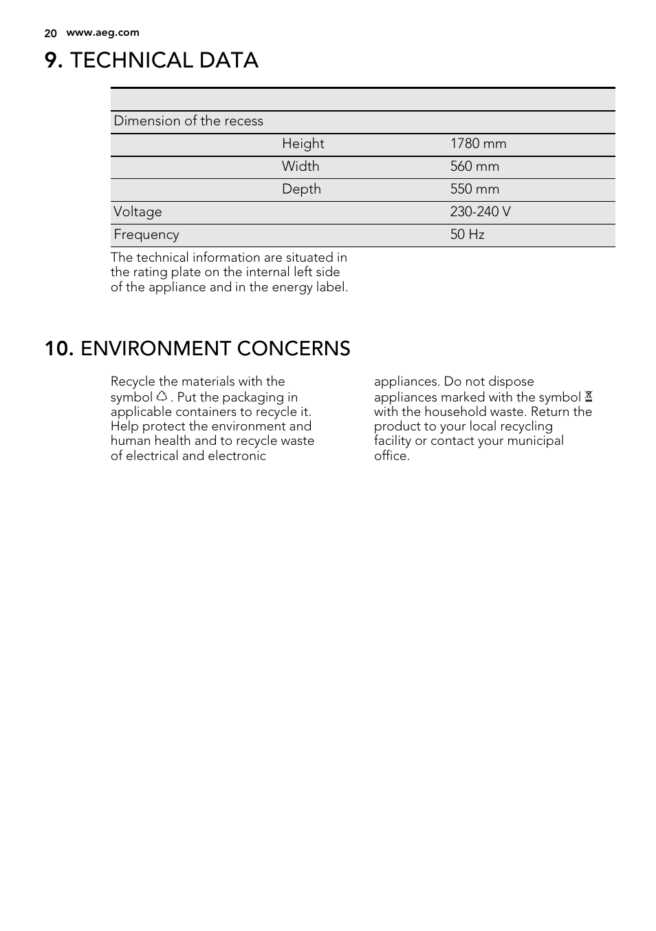 Technical data, Environment concerns | AEG SKD71800F0 User Manual | Page 20 / 64