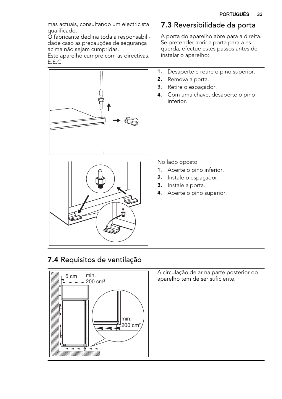 3 reversibilidade da porta, 4 requisitos de ventilação | AEG SKD71800F0 User Manual | Page 33 / 64