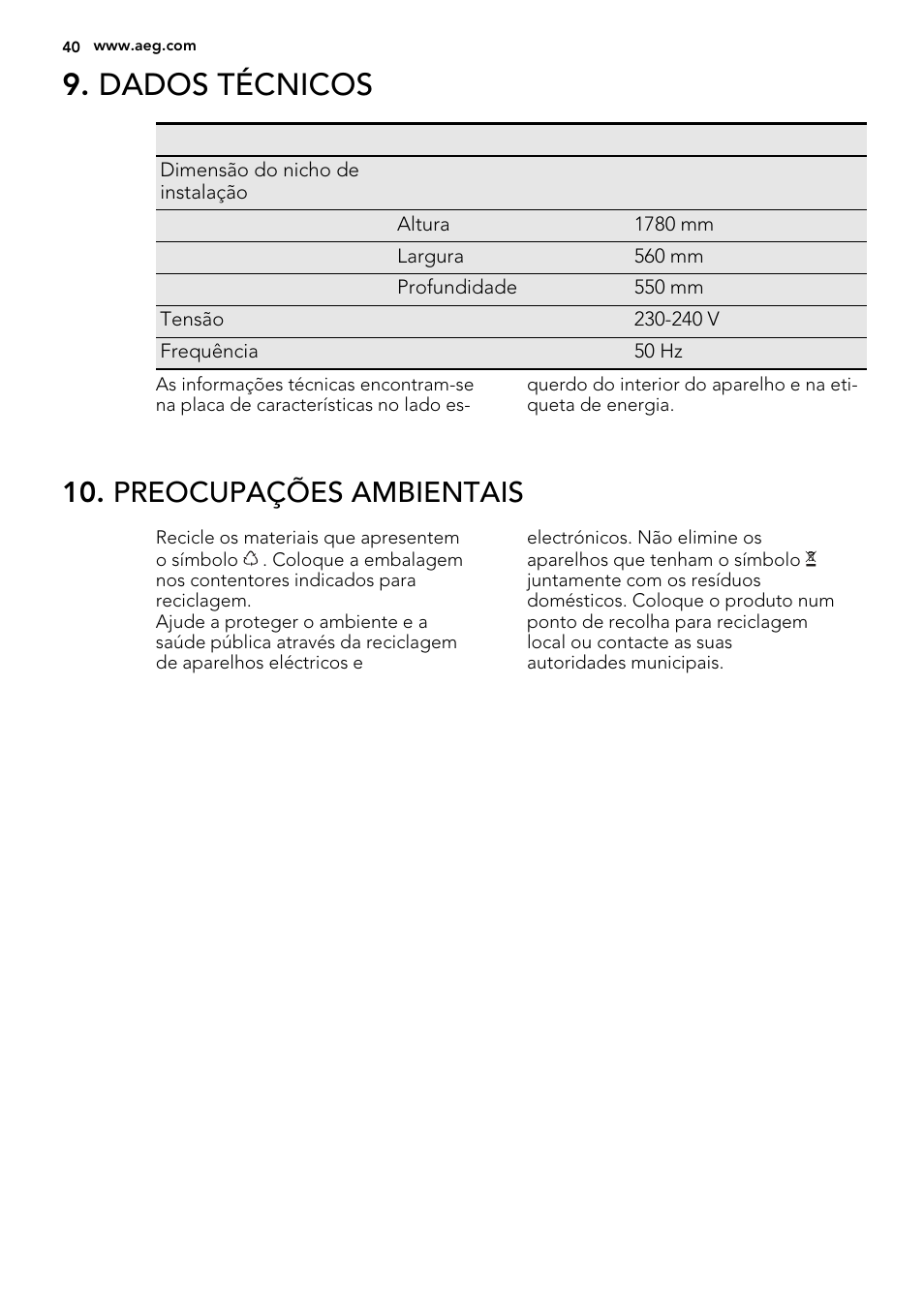 Dados técnicos, Preocupações ambientais | AEG SKD71800F0 User Manual | Page 40 / 64