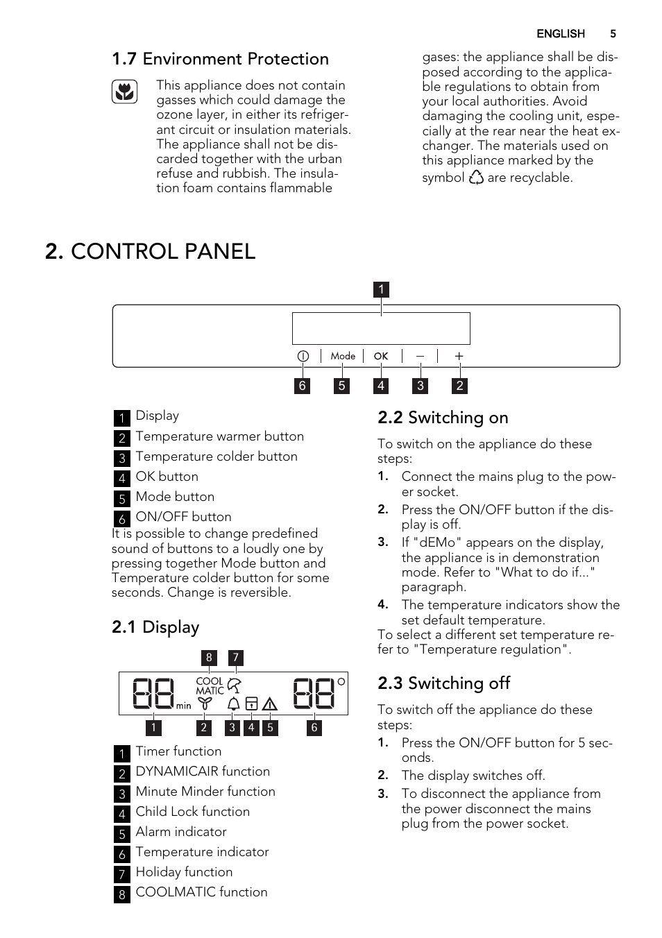 Control panel, 7 environment protection, 1 display | 2 switching on, 3 switching off | AEG SKD71800F0 User Manual | Page 5 / 64