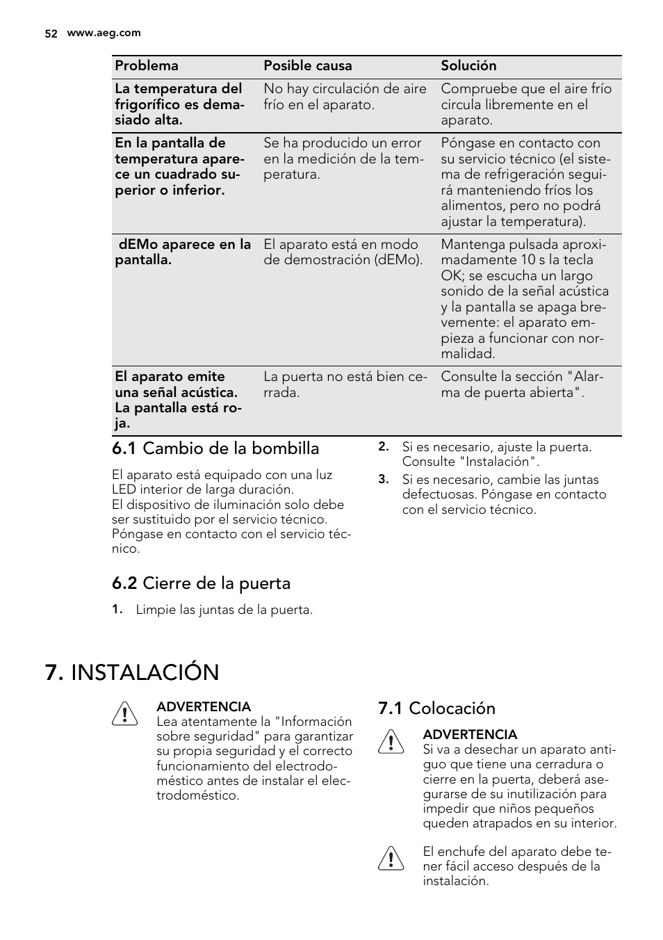 Instalación, 1 cambio de la bombilla, 2 cierre de la puerta | 1 colocación | AEG SKD71800F0 User Manual | Page 52 / 64