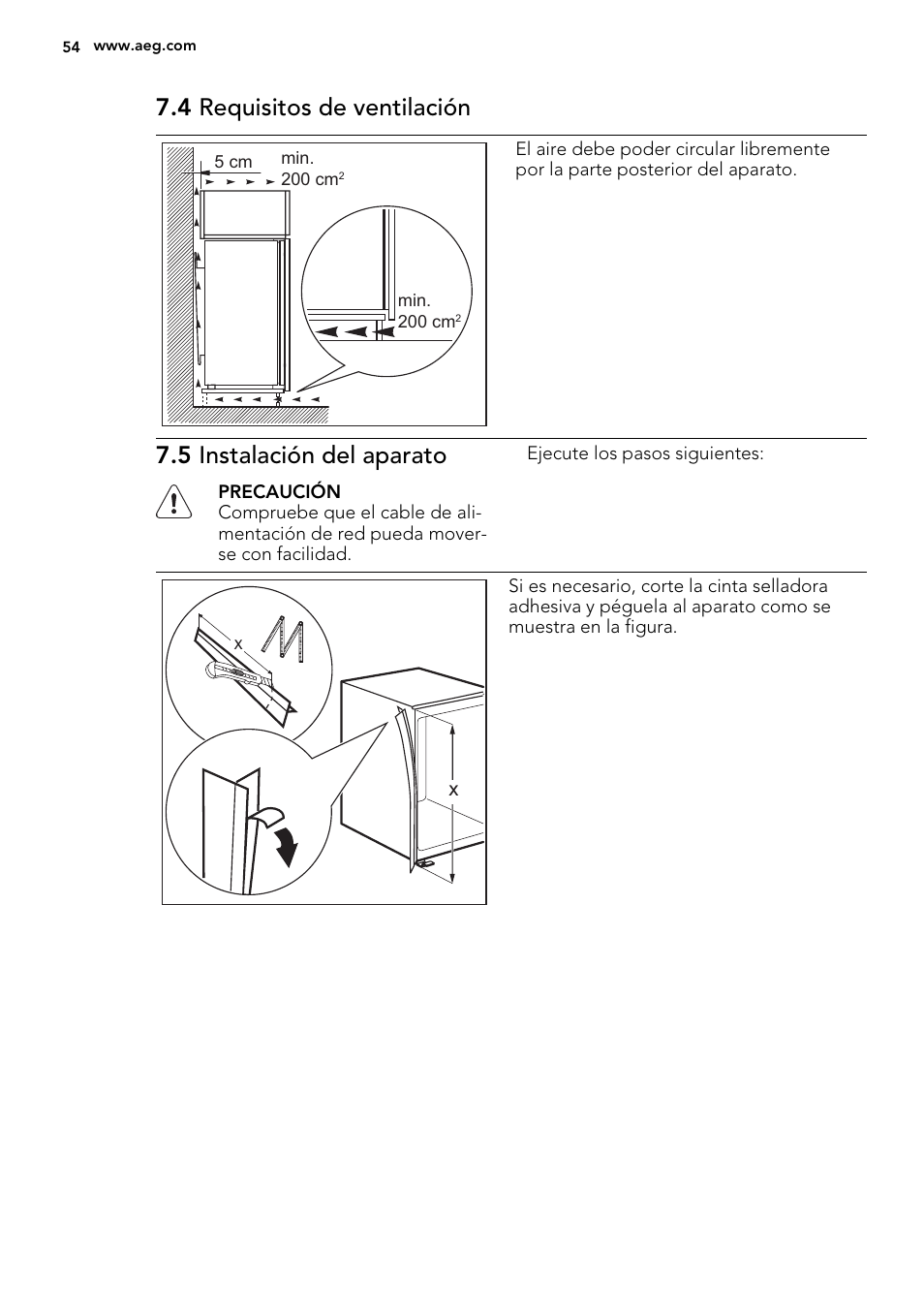 4 requisitos de ventilación, 5 instalación del aparato | AEG SKD71800F0 User Manual | Page 54 / 64