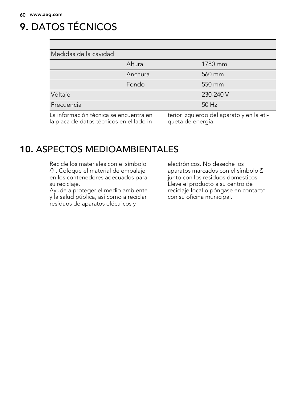 Datos técnicos, Aspectos medioambientales | AEG SKD71800F0 User Manual | Page 60 / 64