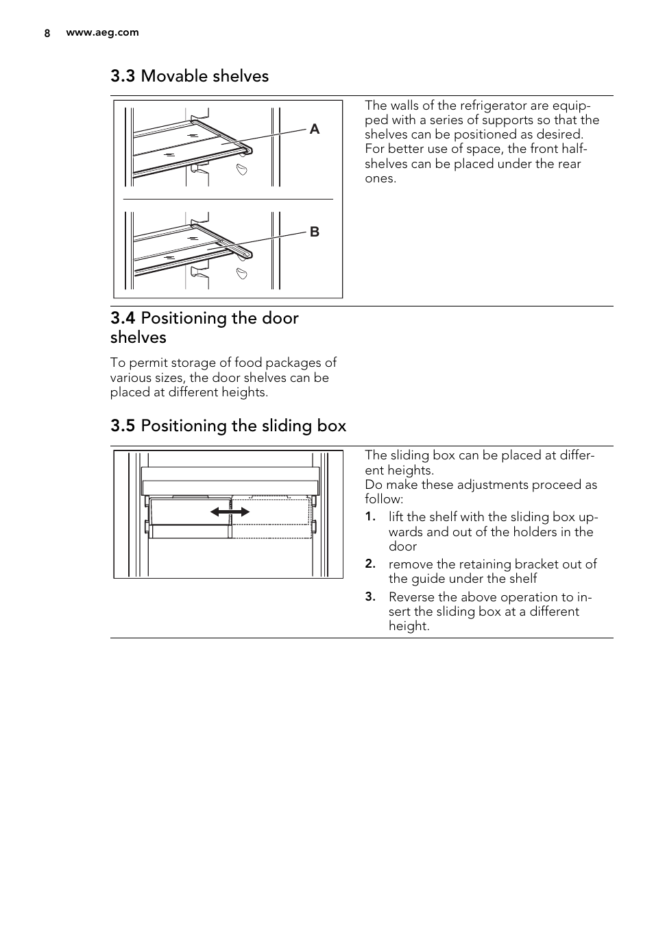 3 movable shelves, 4 positioning the door shelves, 5 positioning the sliding box | AEG SKD71800F0 User Manual | Page 8 / 64