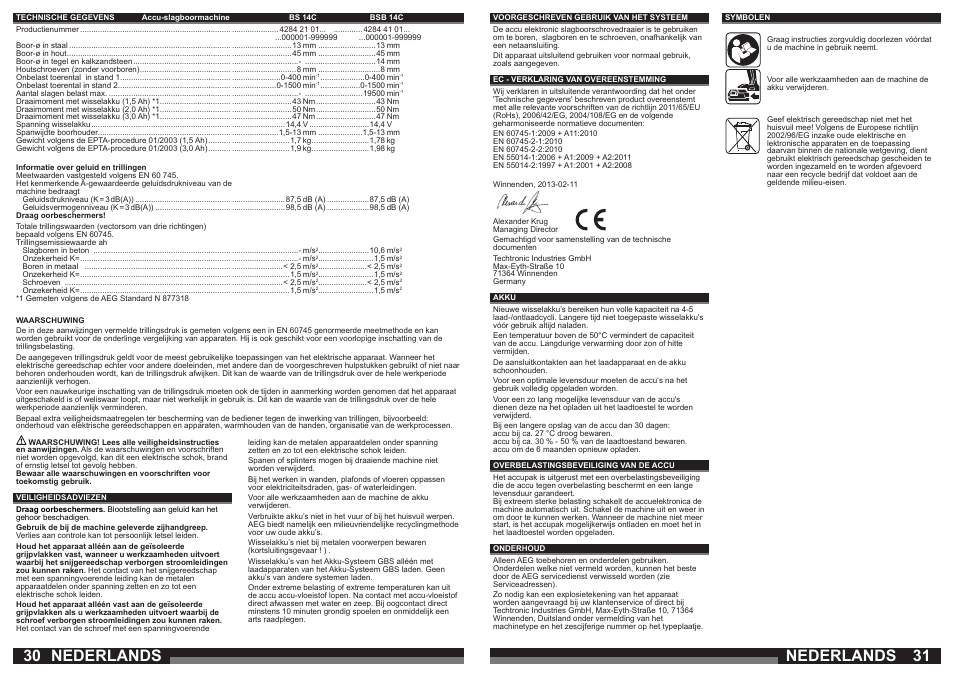 Nederlands | AEG BSB 14C LI User Manual | Page 16 / 37