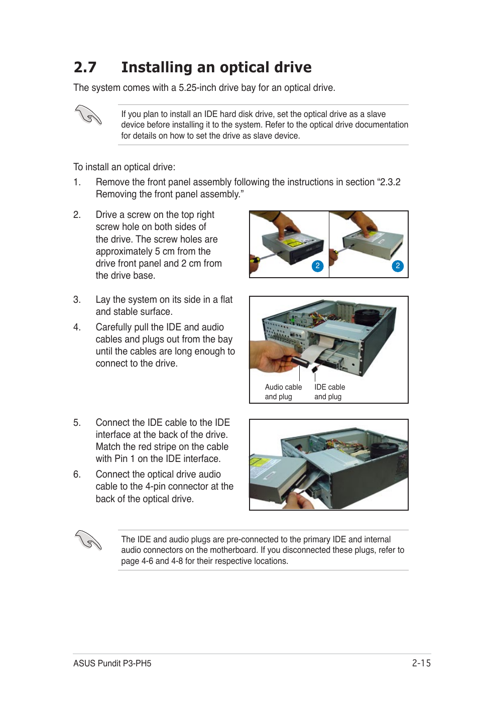 7 installing an optical drive | Asus Desktop Barebone Pundit P3-PH5 User Manual | Page 31 / 100