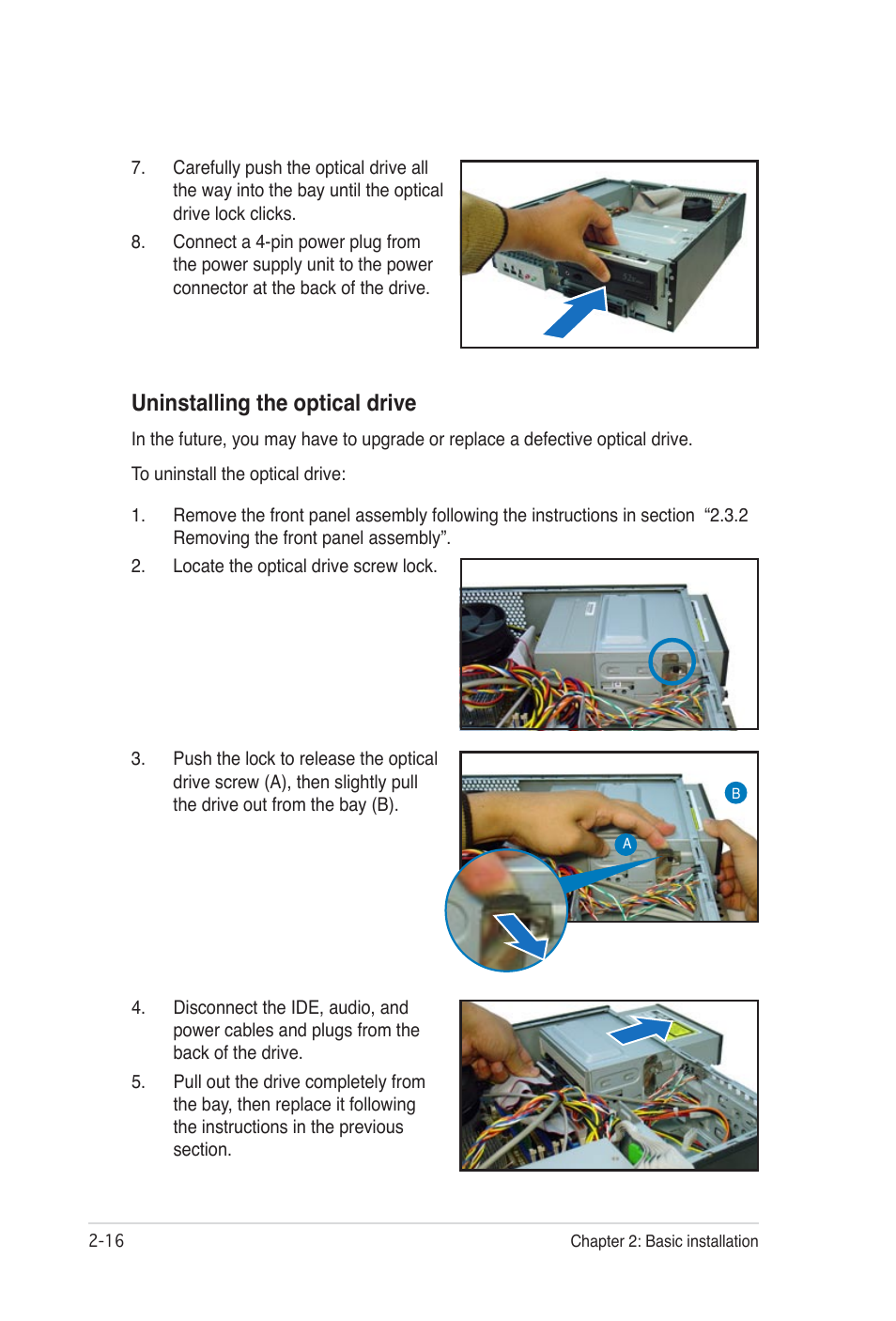 Uninstalling the optical drive | Asus Desktop Barebone Pundit P3-PH5 User Manual | Page 32 / 100